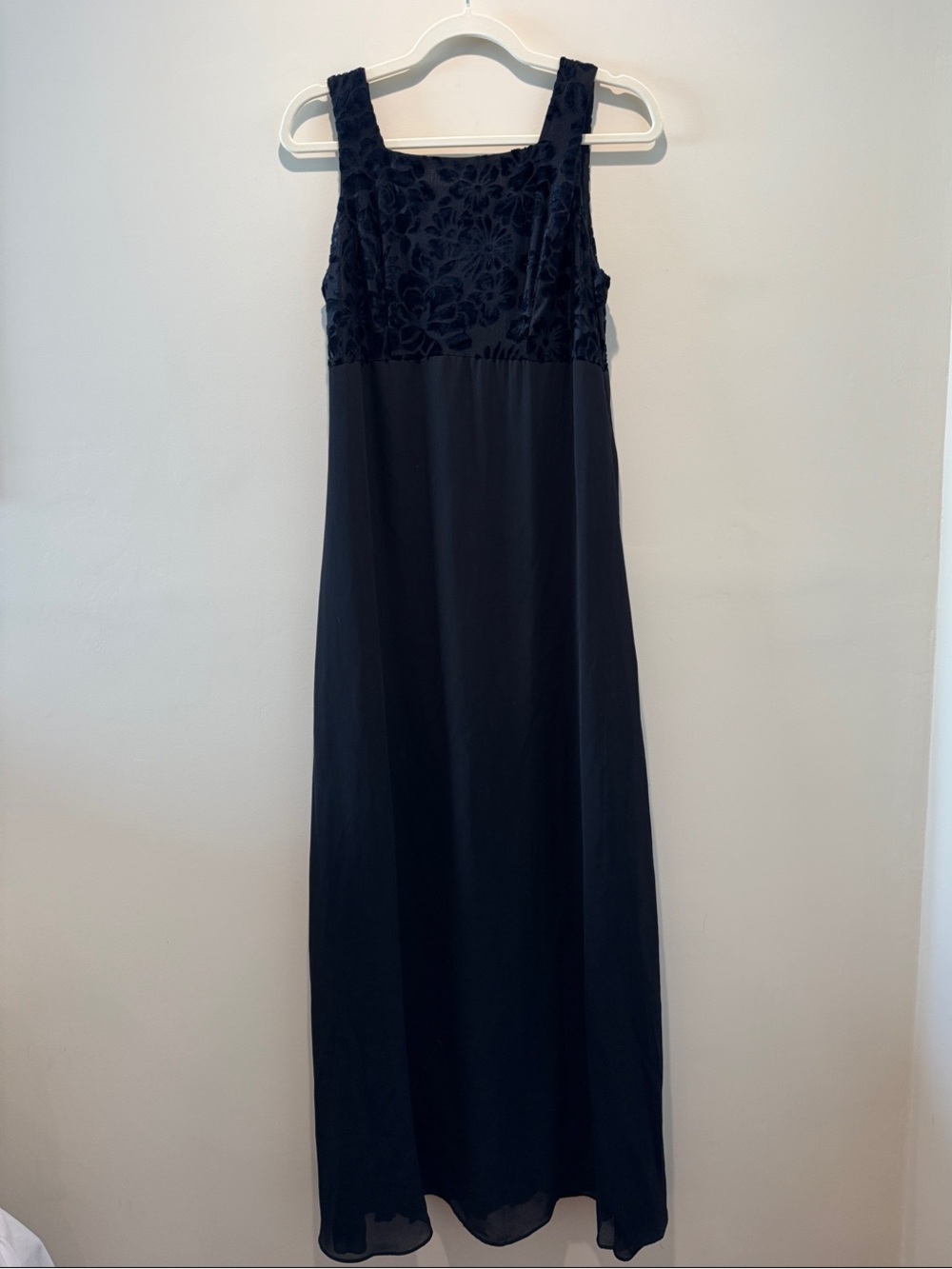 Vintage rare  Black Maxi Dress with Floral Velvet Bodice